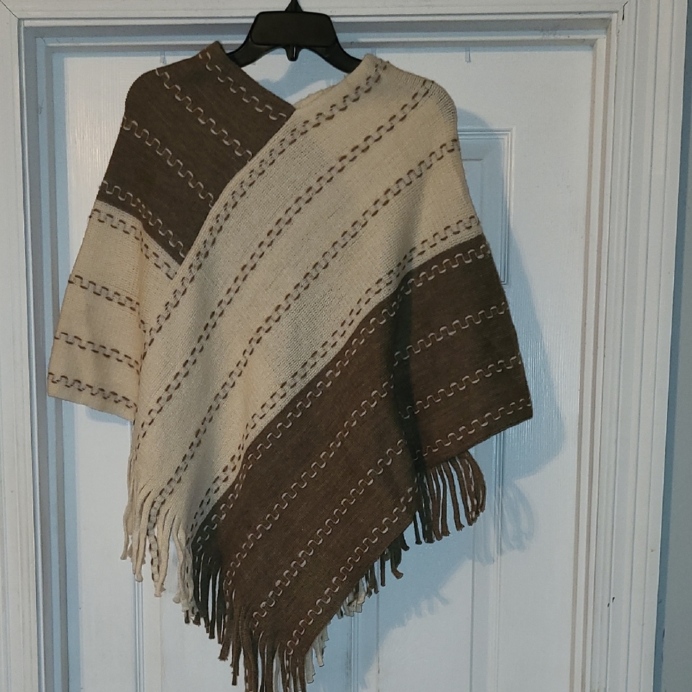 Brown and Cream Striped Poncho One Size Fits Most